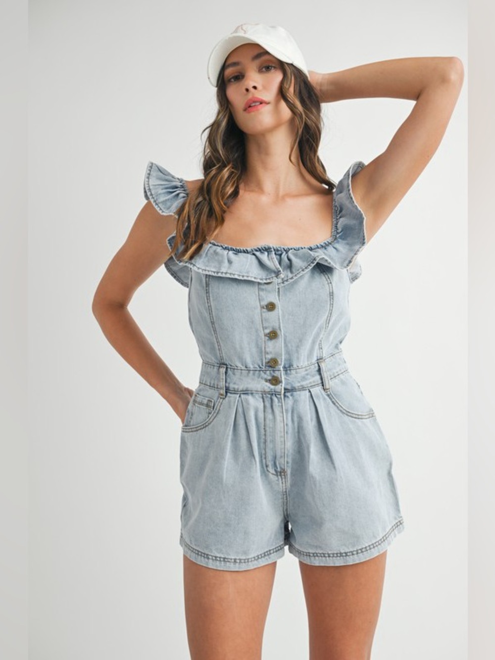 MABLE Off Shoulder Ruffle Detail Denim Romper - Picture 4 of 14